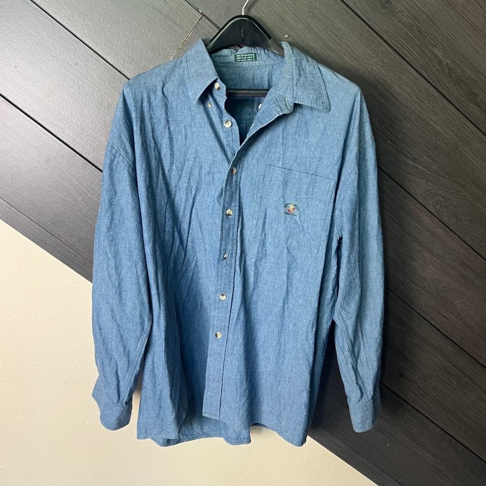 Beverly Hills Polo Club Men's Chambray Button Up Shirt Blue XL Y2K Casual